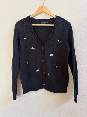 Witty Fox black pointelle sweater with white daises